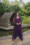 Jyoti Fashion Women's Wine Faux Blooming Embroidered Kurta with Trouser & Dupatta | Grocsy