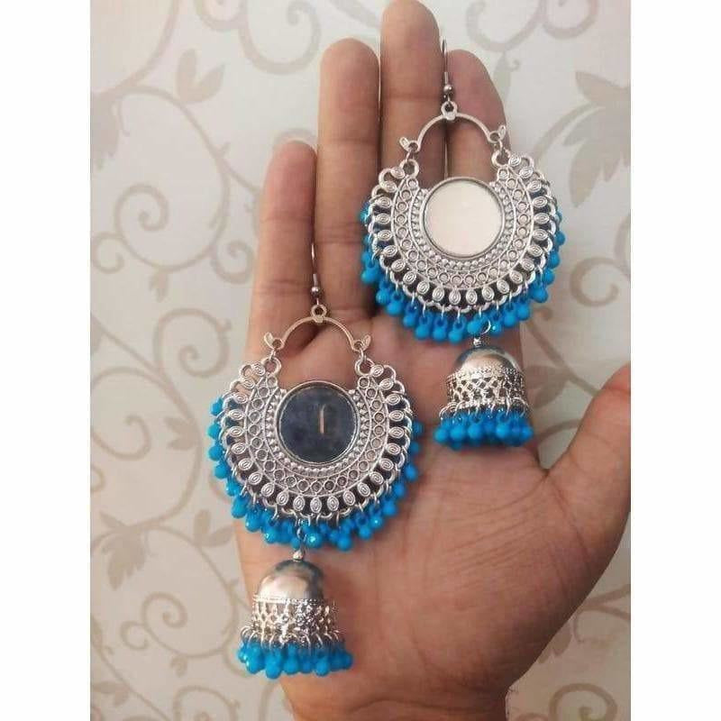 MS Fashion India Chandbali Mirror Design Earrings With Blue Color Pearls And Jhumka Hangings | Grocsy