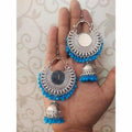 MS Fashion India Chandbali Mirror Design Earrings With Blue Color Pearls And Jhumka Hangings | Grocsy