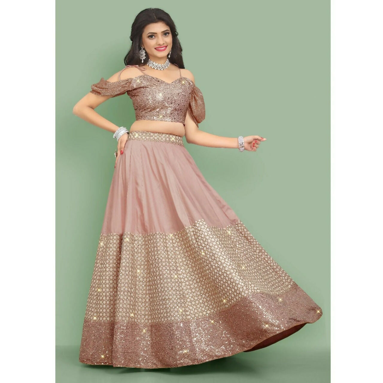 Jyoti Fashion Dusty Rose Pink Dori with Zari Thread Sequence Embroidery Cotton Silk Lehenga Choli with Dupatta | Grocsy