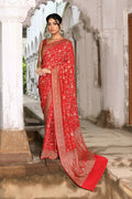 Joban Fashion Red Crepe Chiffon Banarasi Pure Handloom Banarasi Silk Saree | Grocsy