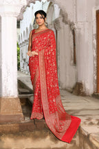 Joban Fashion Red Crepe Chiffon Banarasi Pure Handloom Banarasi Silk Saree | Grocsy