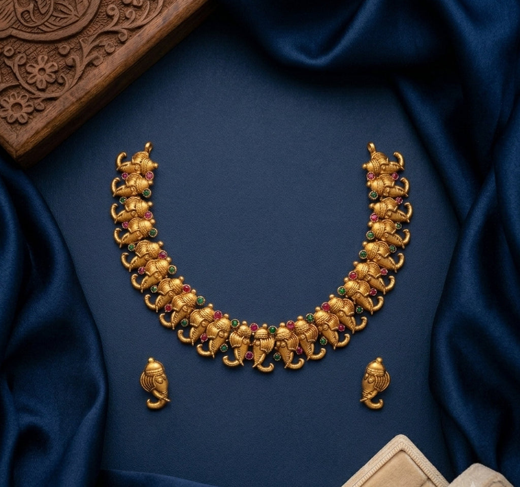 Jewel City Antique Gold Plated Ganesha Temple Jewelry Set For Wedding & Festivals | Grocsy