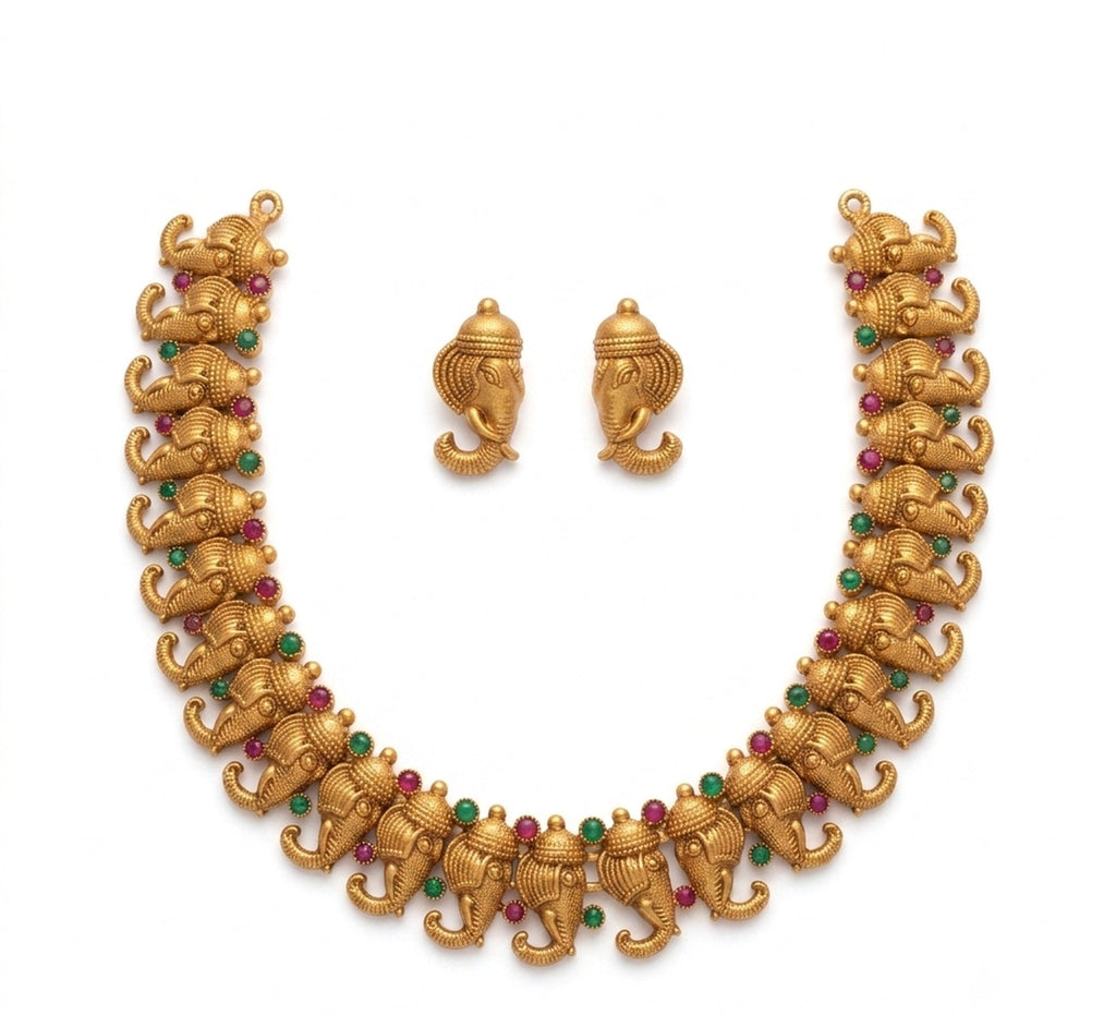 Jewel City Antique Gold Plated Ganesha Temple Jewelry Set For Wedding & Festivals | Grocsy