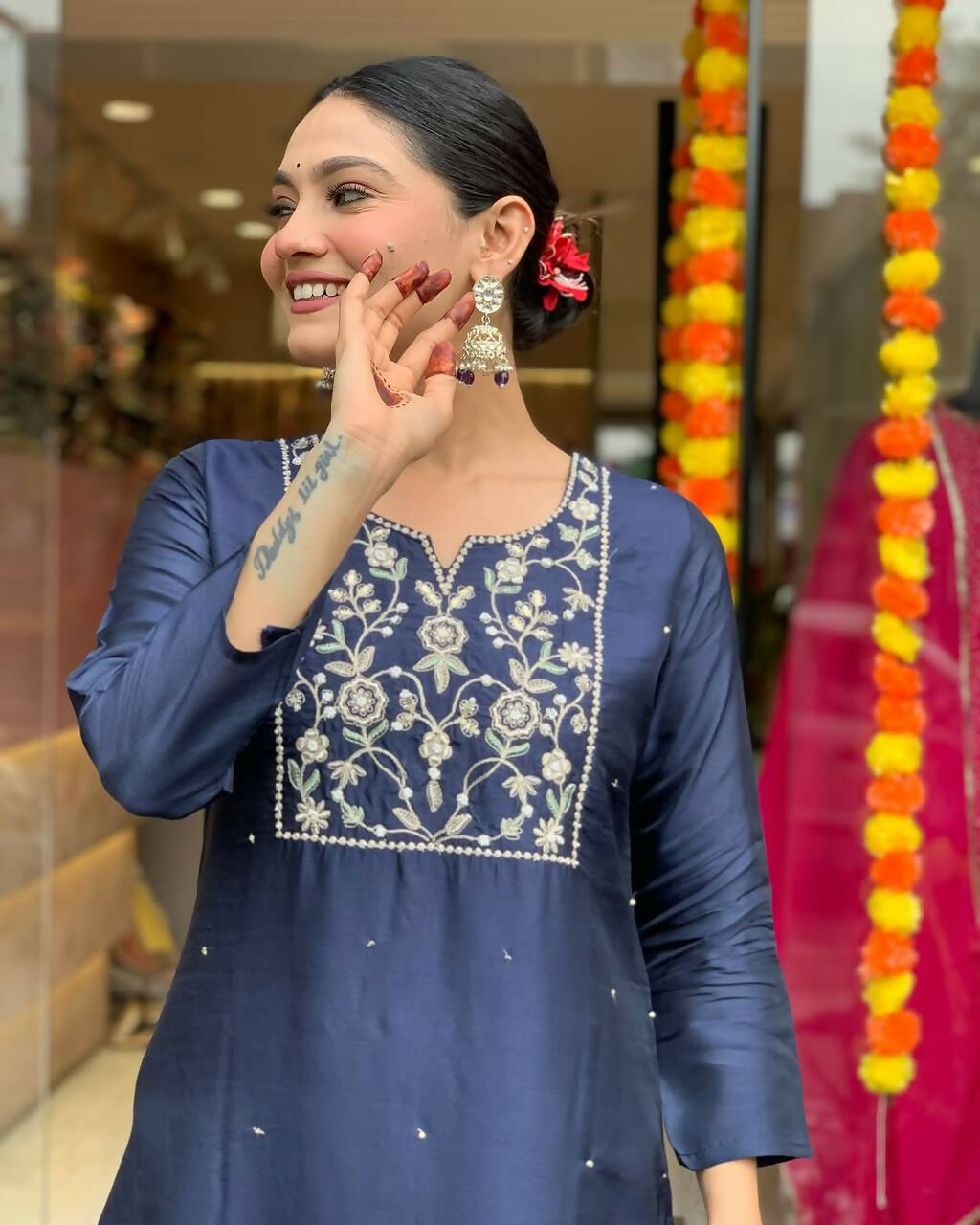 The52 Navy Blue Women's Beautiful Viscose Chanderi Fabric Embroidered Work Straight Kurta Pant and Dupatta Set | Grocsy