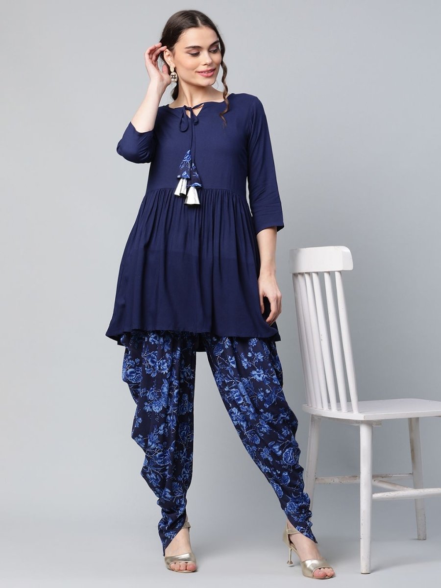 Ahalyaa Women Navy Blue Rayon Floral Empire Kurti with Dhoti Pants | Grocsy