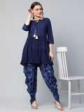 Ahalyaa Women Navy Blue Rayon Floral Empire Kurti with Dhoti Pants | Grocsy