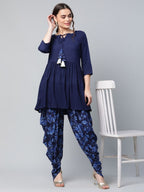 Ahalyaa Women Navy Blue Rayon Floral Empire Kurti with Dhoti Pants | Grocsy