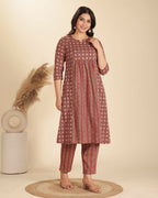 Aramya Red Soft Cotton Geometric Print Panelled Kurta Set for Women | Grocsy