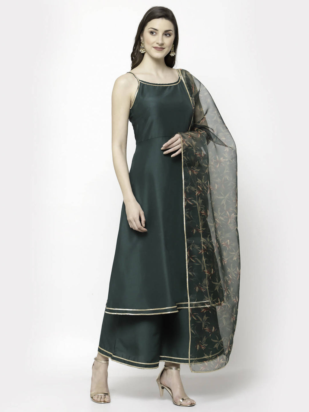 Myshka Dark Green Silk Blend Solid Sleeveless Round Neck Kurta Palazzo Dupatta Set | Grocsy
