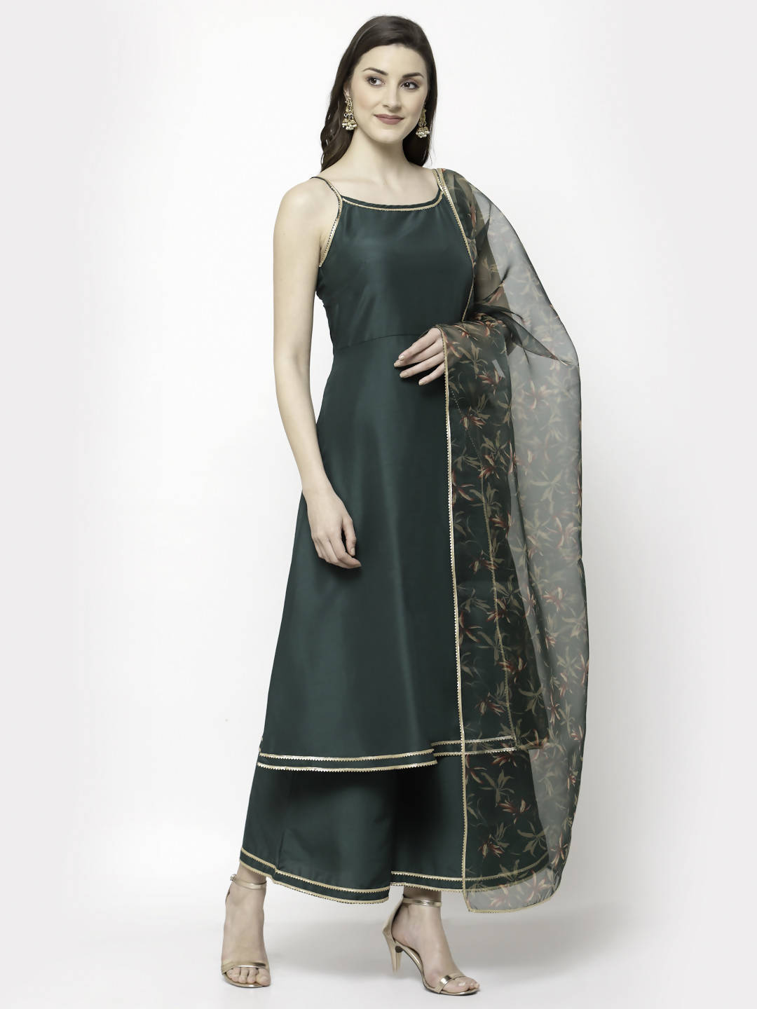 Myshka Dark Green Silk Blend Solid Sleeveless Round Neck Kurta Palazzo Dupatta Set | Grocsy