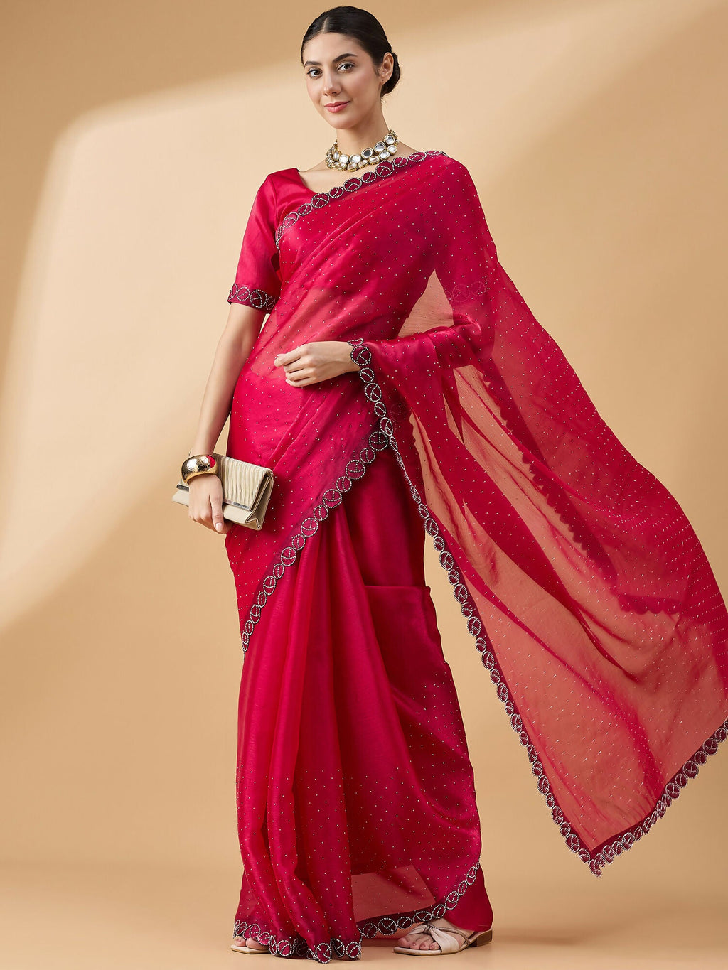 Pink Organza Swaroski Diamond Work Saree with Unstitched Blouse - Radha | Grocsy