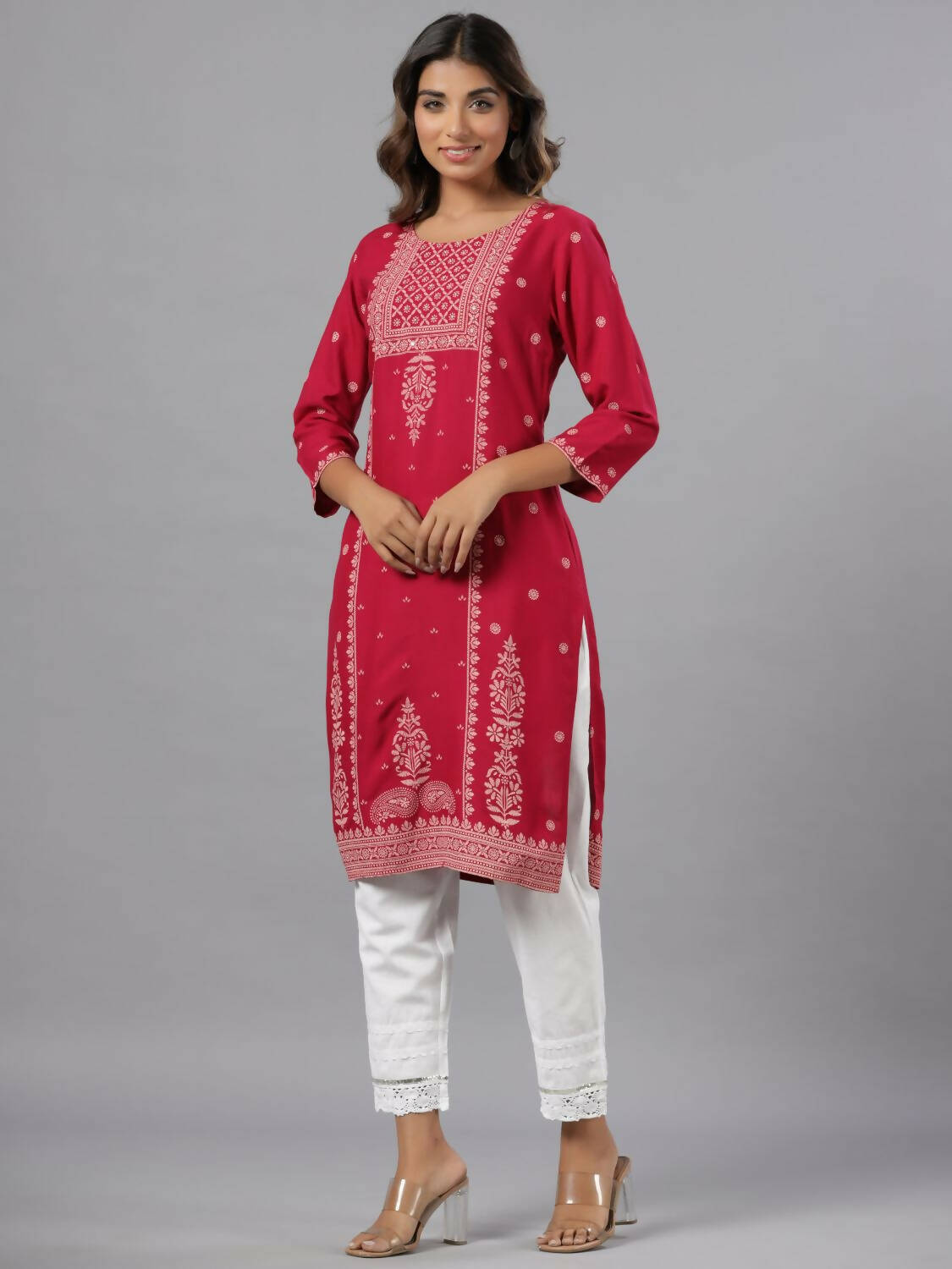 Juniper Women Fuchsia Rayon Printed Knee Length Straight Kurta | Grocsy