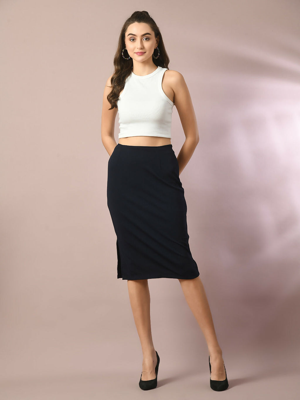 Myshka Women's Blue Solid Knee Length Party Embellished Skirts | Grocsy