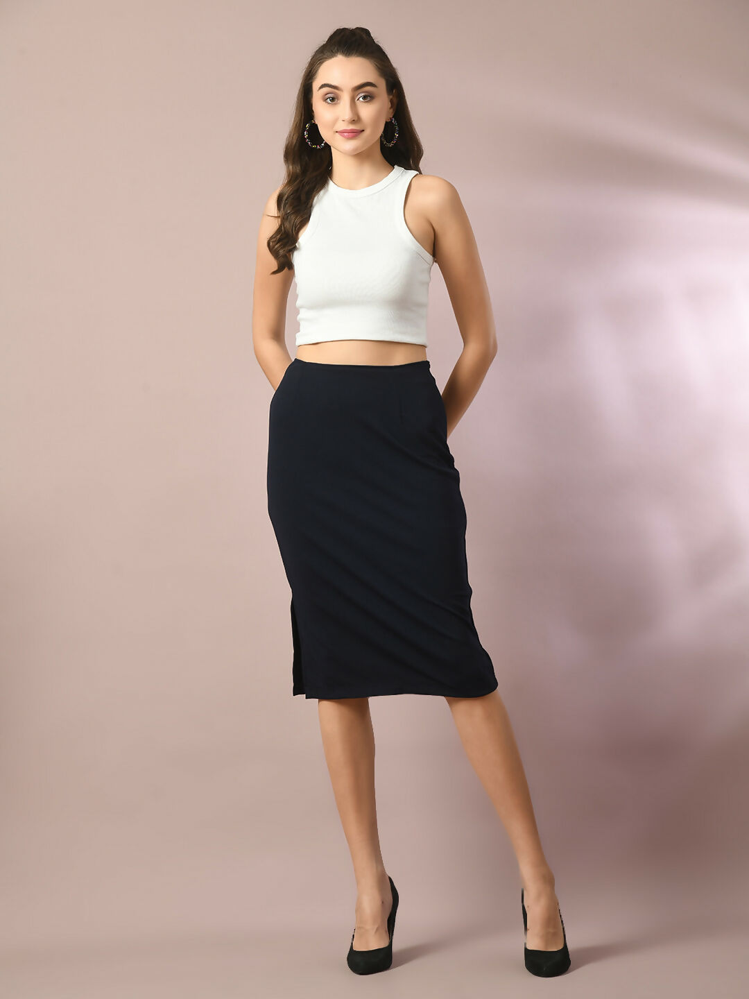 Myshka Women's Blue Solid Knee Length Party Embellished Skirts | Grocsy