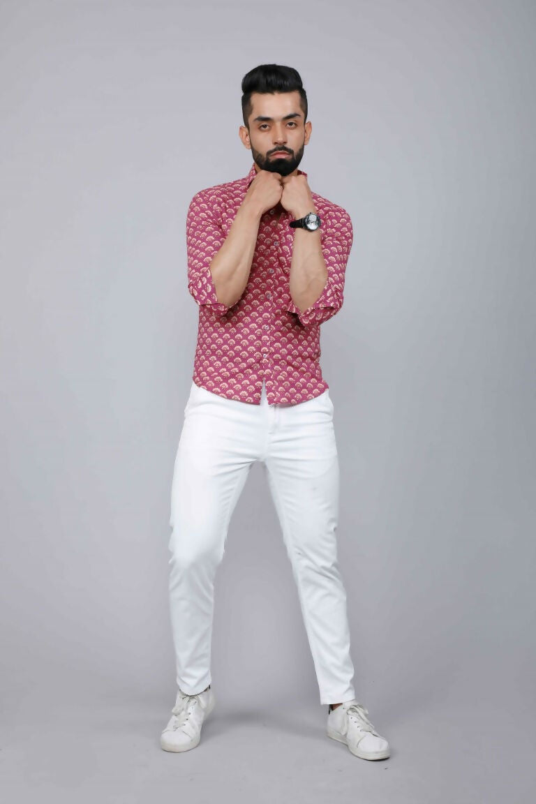 Miravan Men's Pink Regular Fit Floral Printed Cotton Casual Shirt | Grocsy