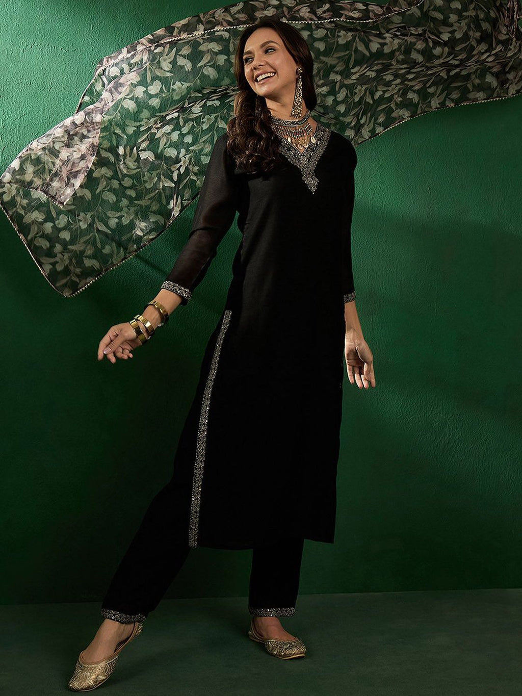 Sangria Ethnic Motifs Yoke Design Sequinned V-Neck Straight Kurta With Trouser & Dupatta | Grocsy