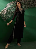Sangria Ethnic Motifs Yoke Design Sequinned V-Neck Straight Kurta With Trouser & Dupatta | Grocsy