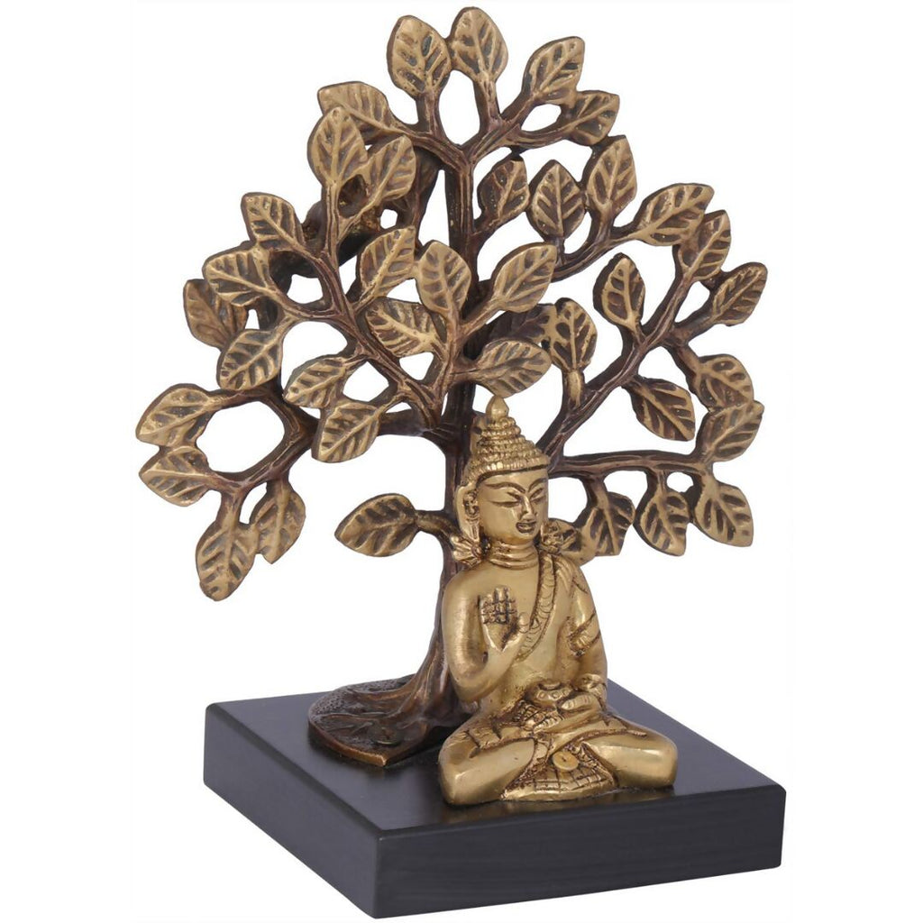 Exotic India Lord Buddha Seated On Wooden Pedestal With Bodhi Tree | Grocsy