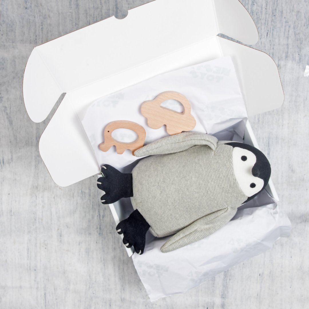 Nesta Toys Newborn Gift Set - Penguin Plush Toy, Wooden Elephant & Car Teether | Grocsy