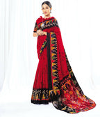 Red Chanderi Cotton Floral Printed Saree With Unstitched Blouse Piece - Kathika | Grocsy