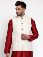 Jompers Men's Beige Embroidered Nehru Jacket | Grocsy