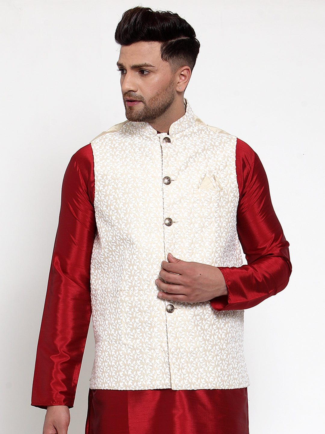 Jompers Men's Beige Embroidered Nehru Jacket | Grocsy