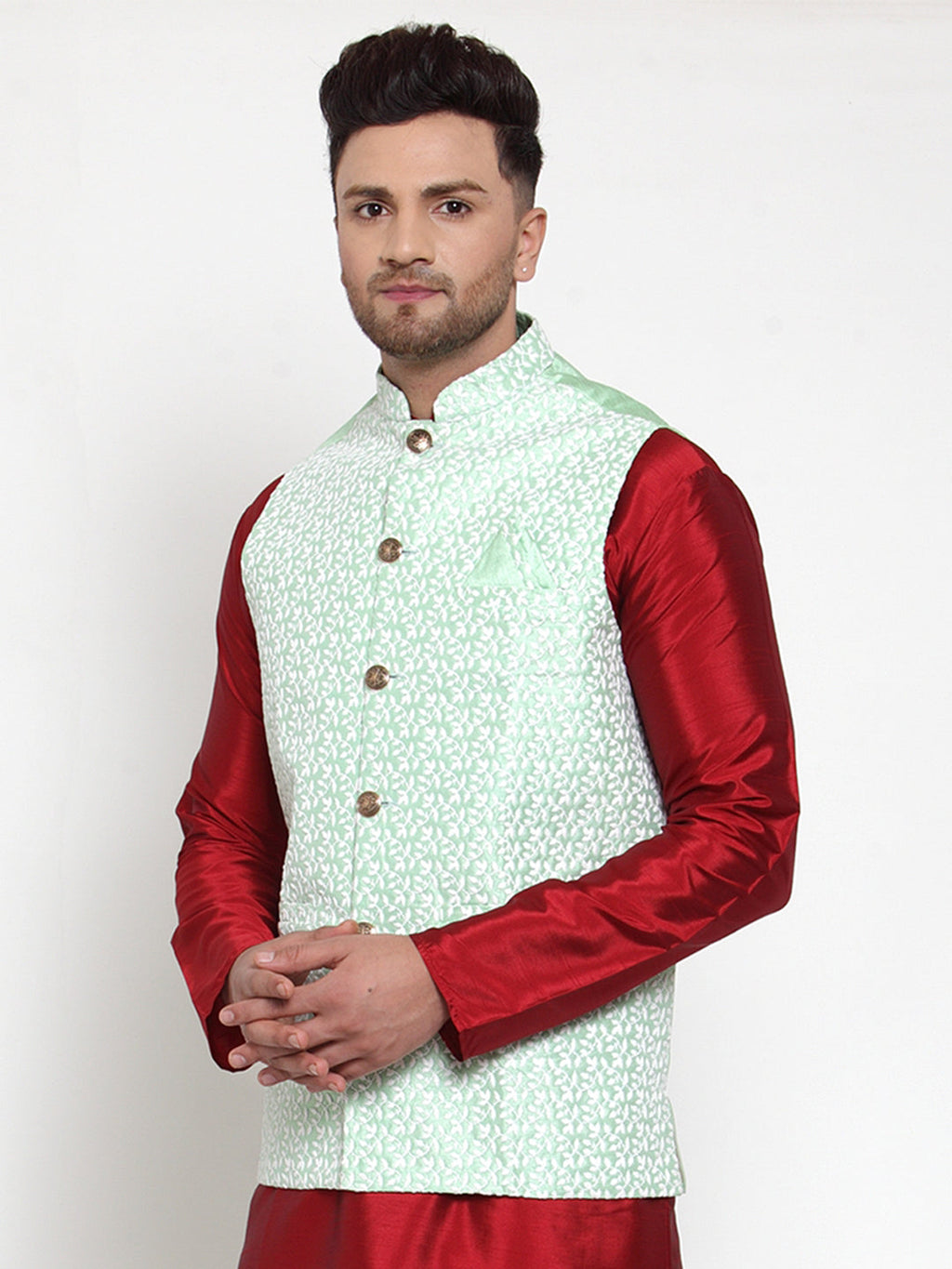 Jompers Men's Green Embroidered Nehru Jacket | Grocsy