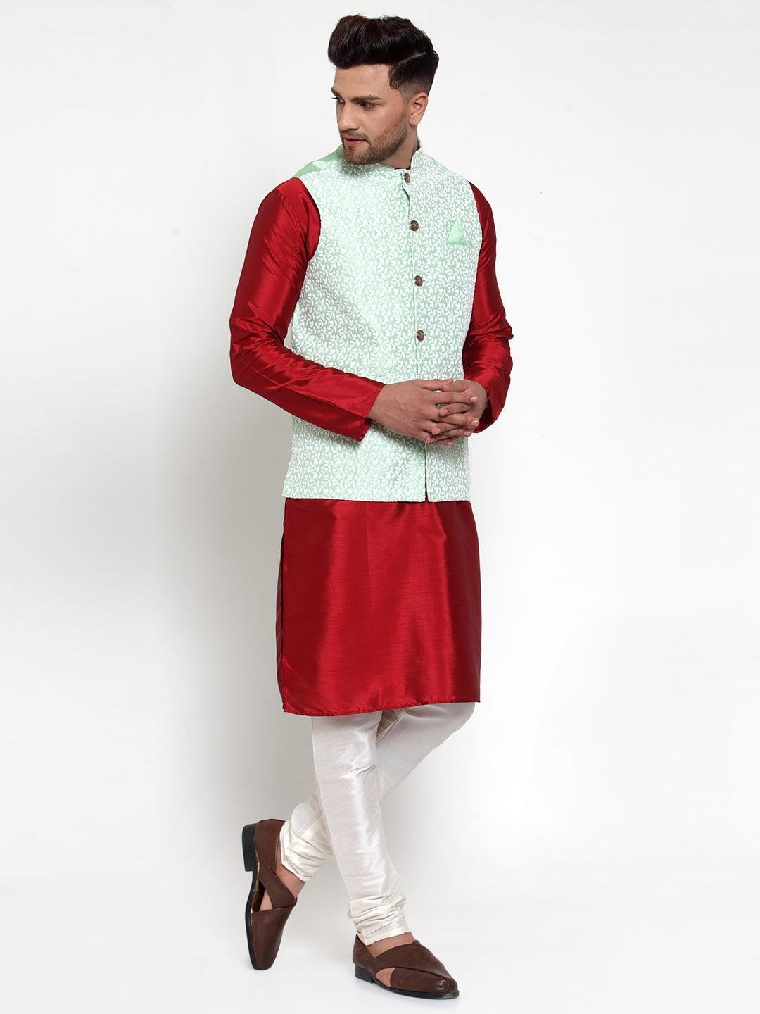 Jompers Men's Green Embroidered Nehru Jacket | Grocsy