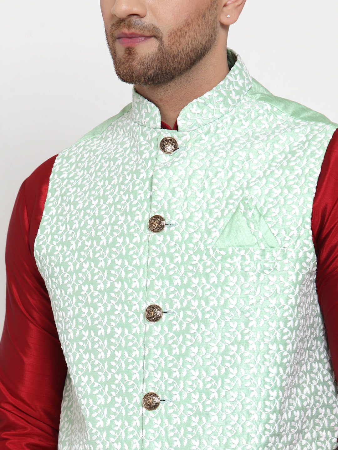 Jompers Men's Green Embroidered Nehru Jacket | Grocsy