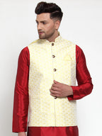 Jompers Men's Yellow Embroidered Nehru Jacket | Grocsy