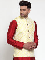 Jompers Men's Yellow Embroidered Nehru Jacket | Grocsy