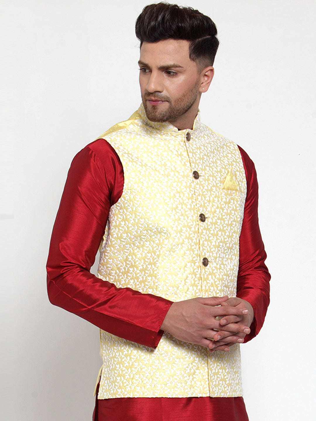 Jompers Men's Yellow Embroidered Nehru Jacket | Grocsy