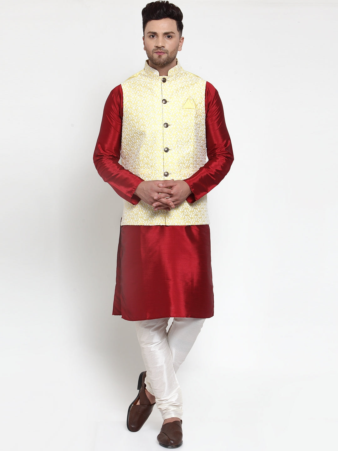 Jompers Men's Yellow Embroidered Nehru Jacket | Grocsy