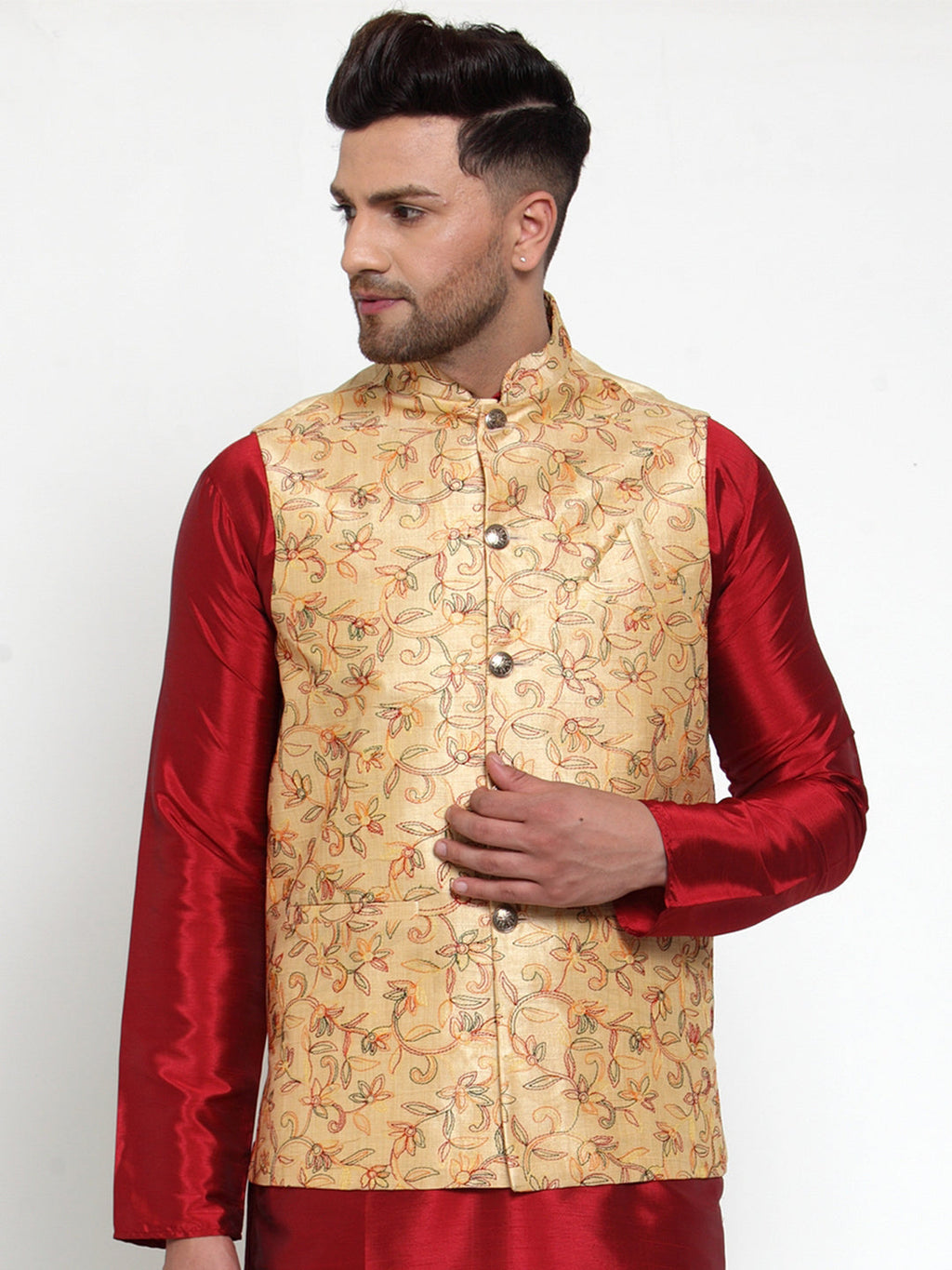 Jompers Men's Gold Embroidered Nehru Jacket | Grocsy