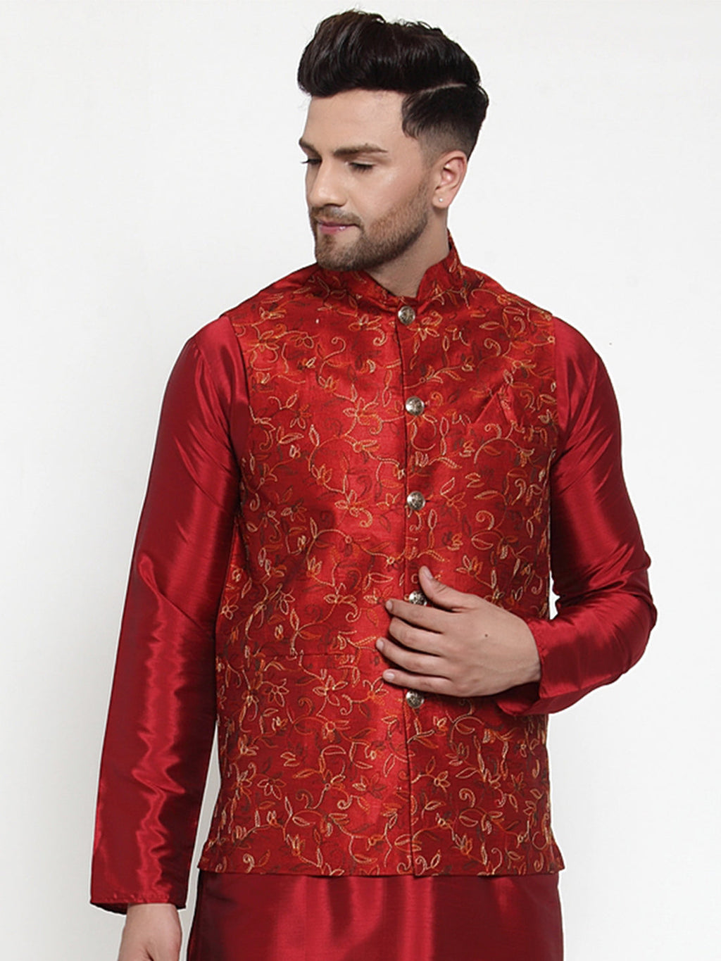 Jompers Men's Maroon Embroidered Nehru Jacket | Grocsy