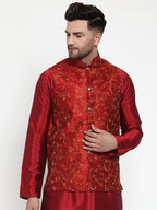 Jompers Men's Maroon Embroidered Nehru Jacket | Grocsy