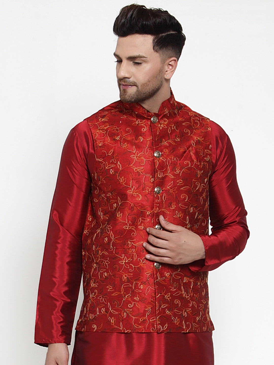 Jompers Men's Maroon Embroidered Nehru Jacket | Grocsy