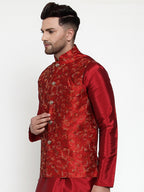 Jompers Men's Maroon Embroidered Nehru Jacket | Grocsy