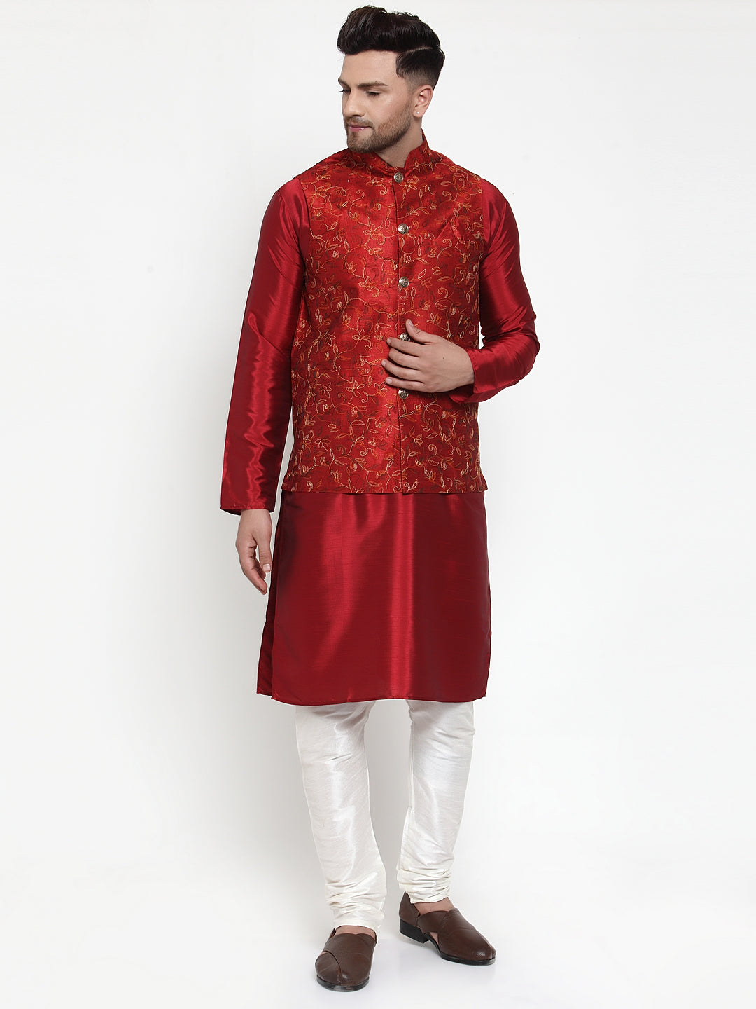 Jompers Men's Maroon Embroidered Nehru Jacket | Grocsy