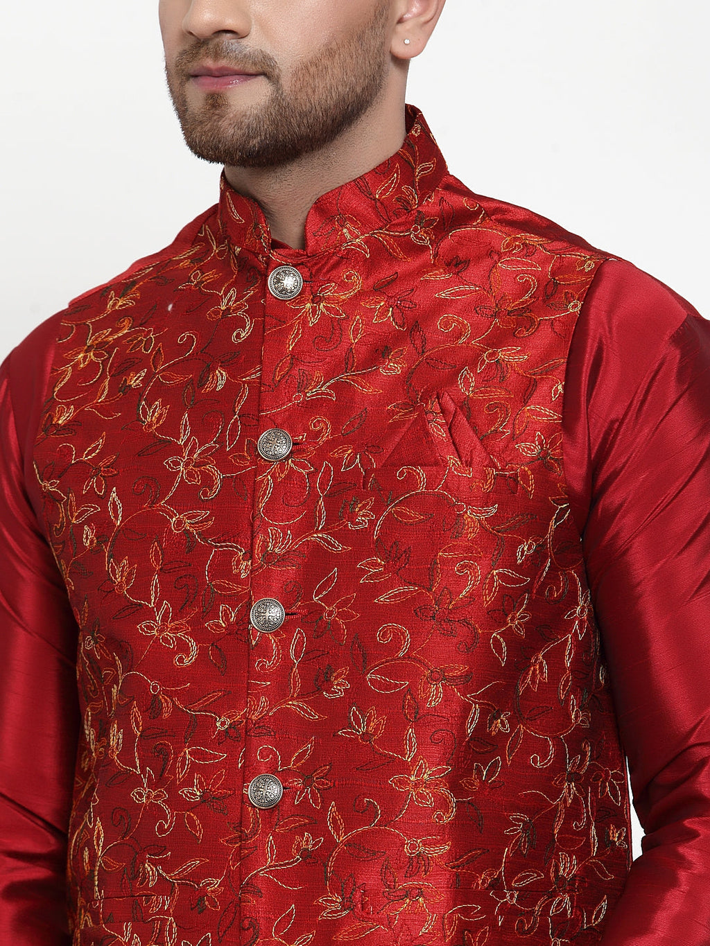 Jompers Men's Maroon Embroidered Nehru Jacket | Grocsy
