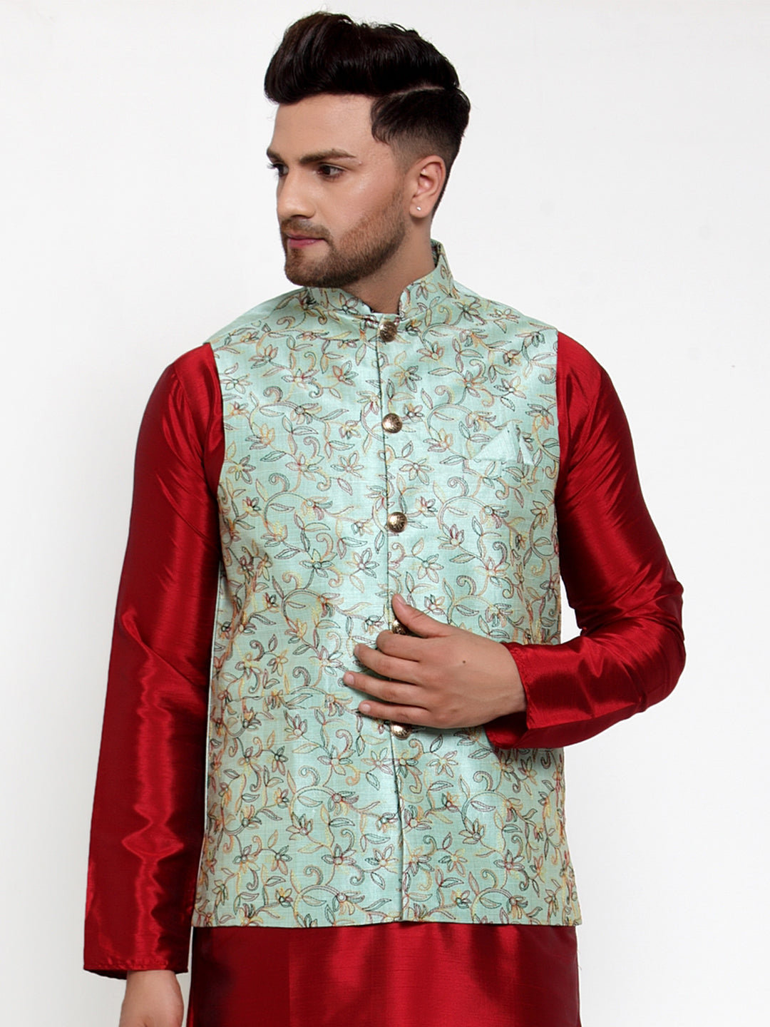 Jompers Men's Blue Embroidered Nehru Jacket | Grocsy