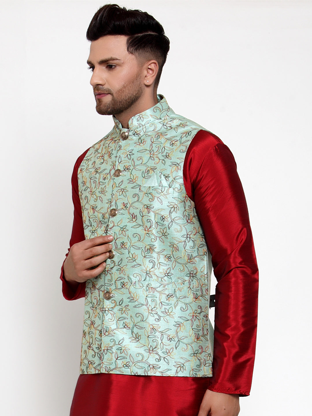 Jompers Men's Blue Embroidered Nehru Jacket | Grocsy