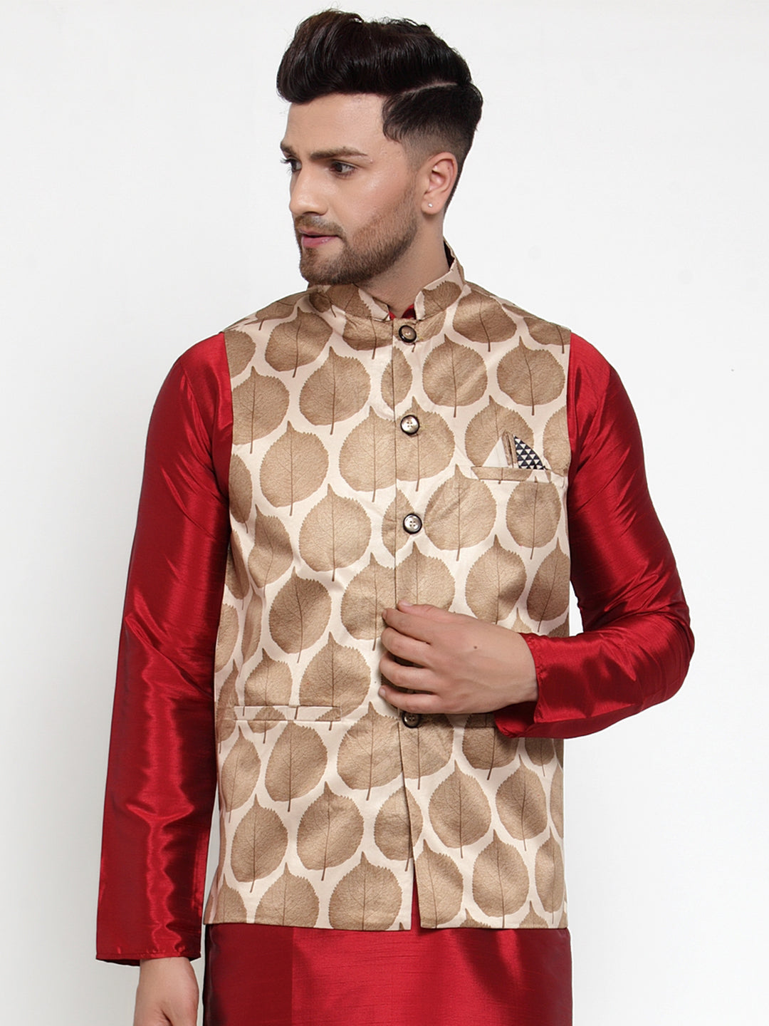 Jompers Men's Brown Printed Nehru Jacket | Grocsy