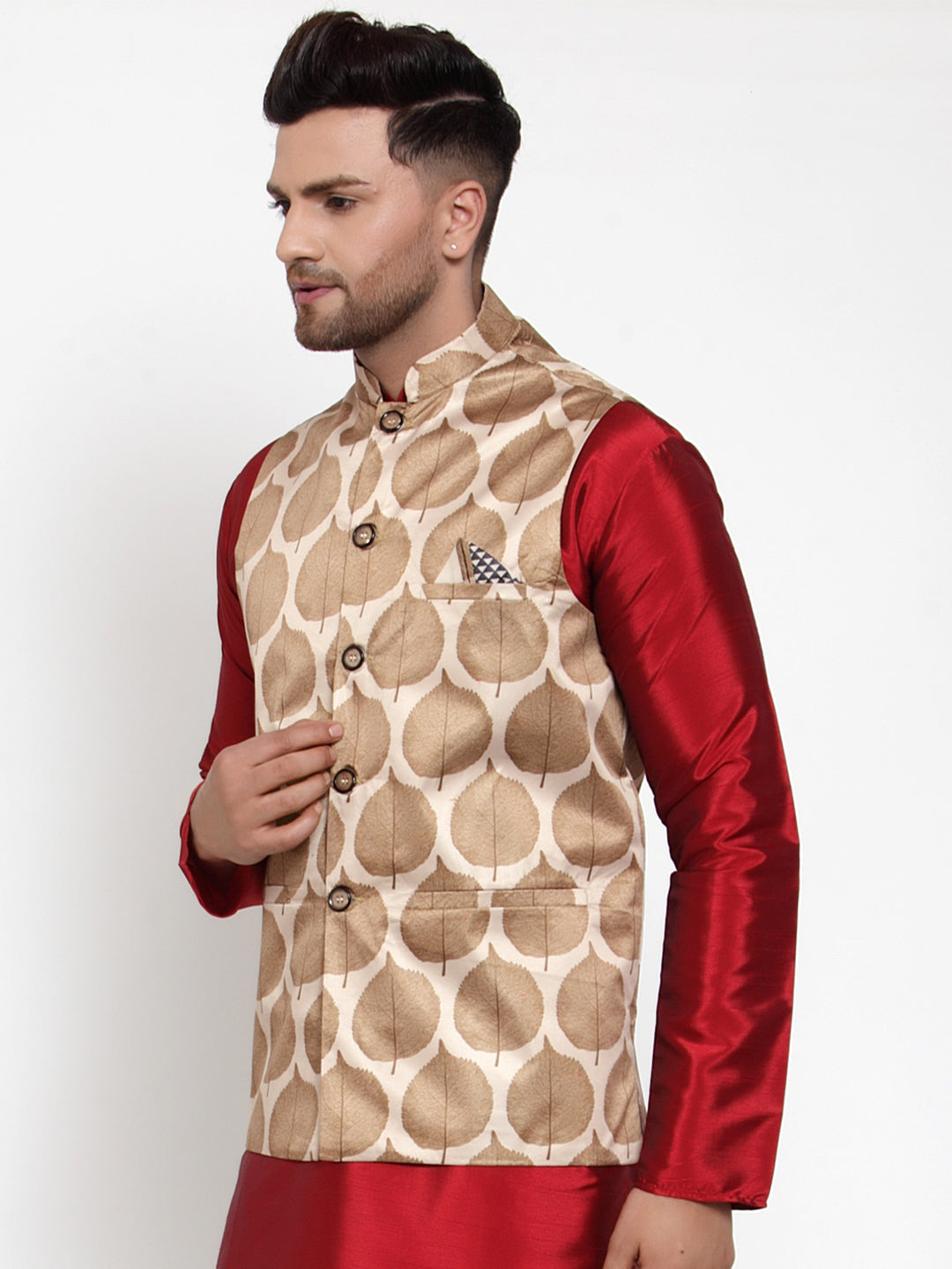 Jompers Men's Brown Printed Nehru Jacket | Grocsy