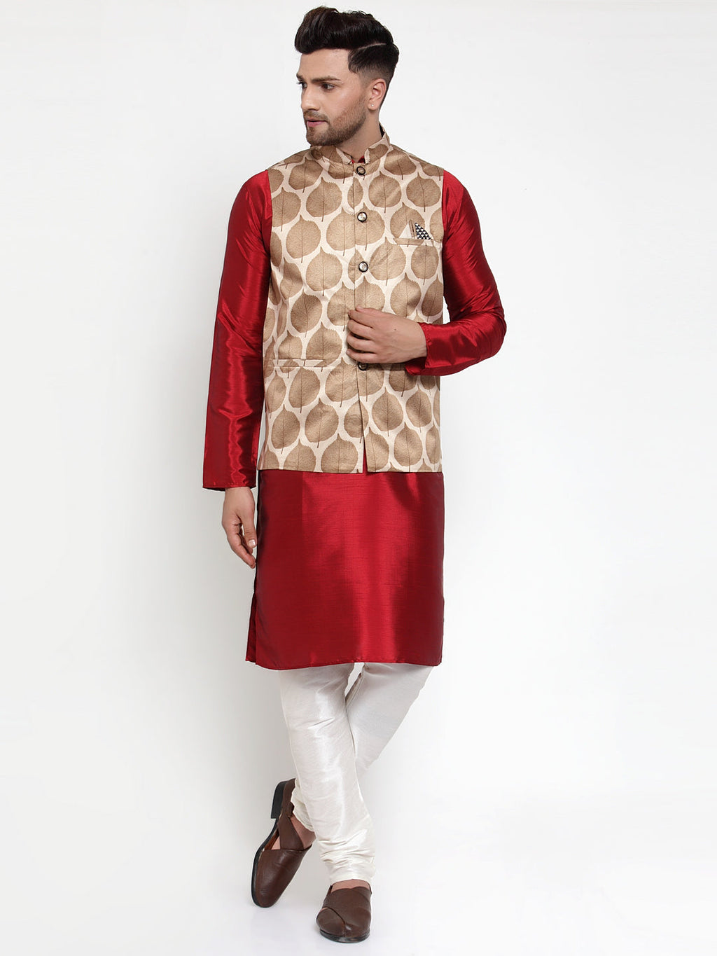 Jompers Men's Brown Printed Nehru Jacket | Grocsy
