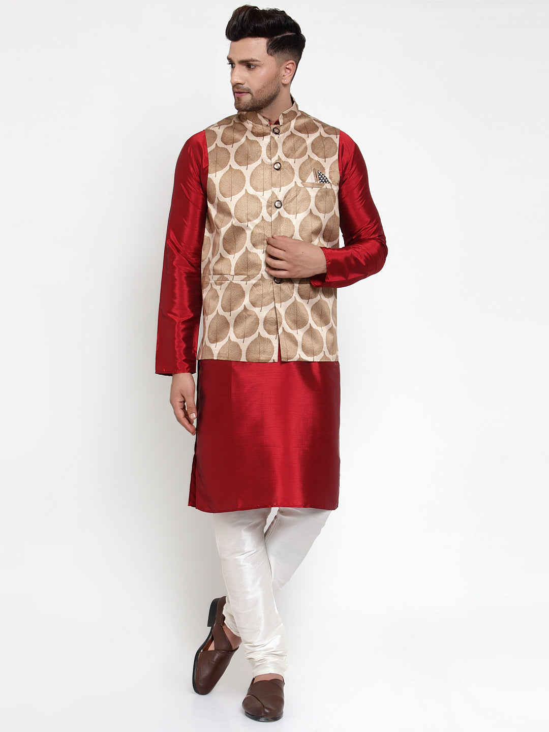 Jompers Men's Brown Printed Nehru Jacket | Grocsy