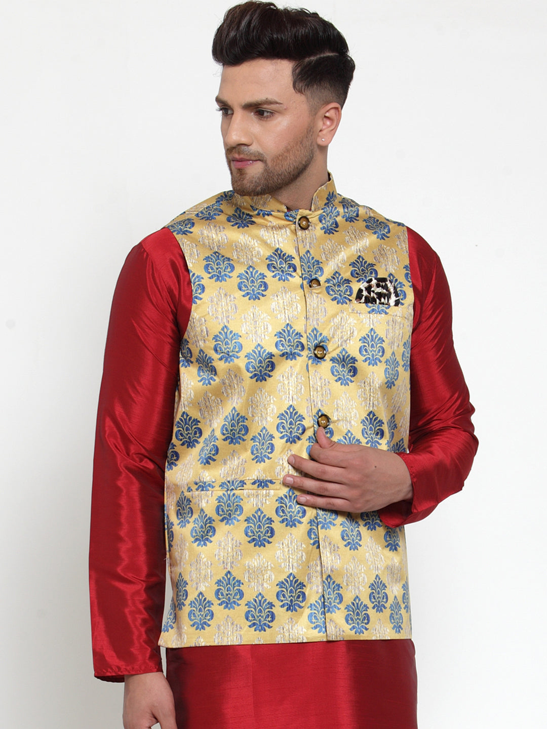 Jompers Men's Gold Printed Nehru Jacket | Grocsy