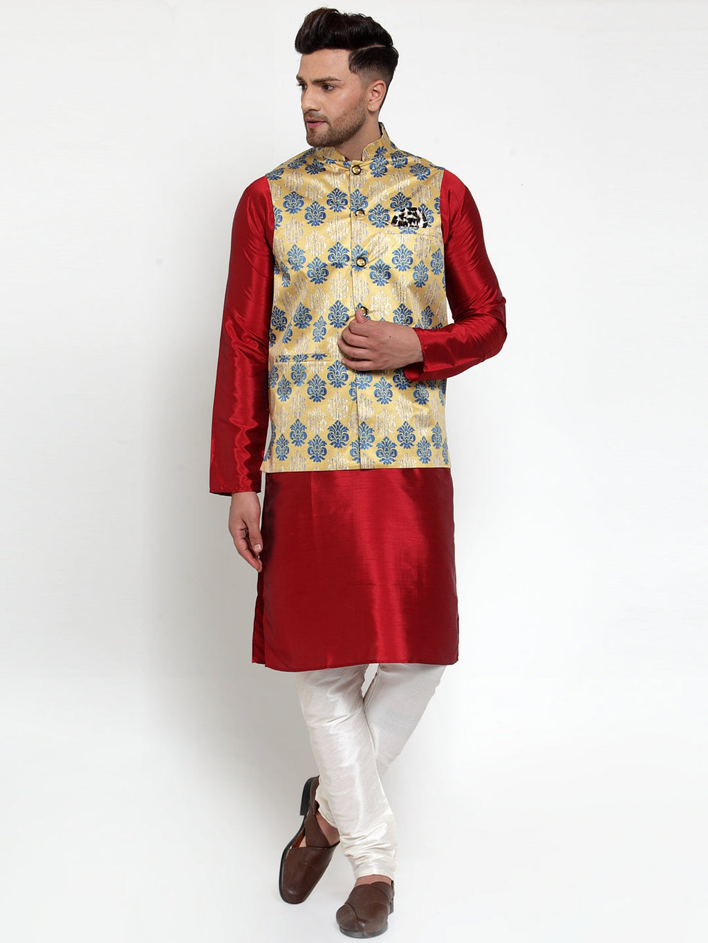 Jompers Men's Gold Printed Nehru Jacket | Grocsy