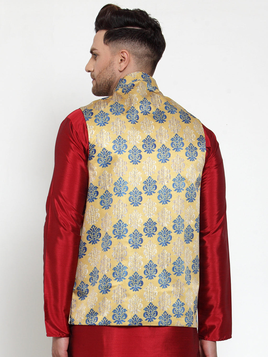 Jompers Men's Gold Printed Nehru Jacket | Grocsy